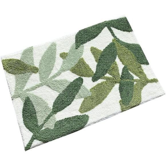 Bathroom Rugs - Green Bath Rug Non Slip Back Water Absorbent Leaves Plush - Picture 1 of 6
